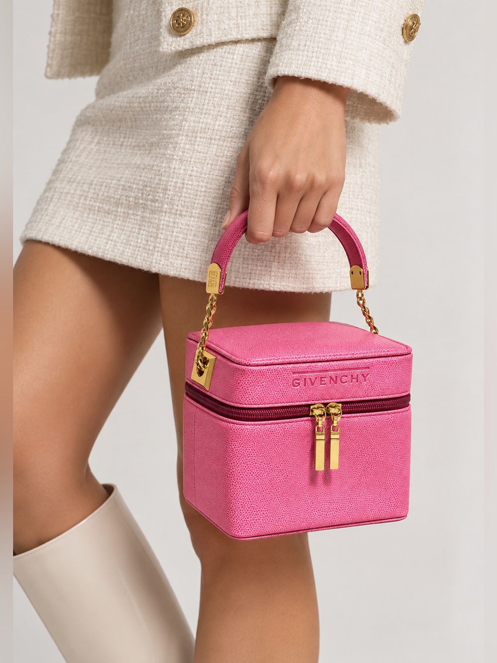 Auth RARE GIVENCHY VANITY BAG Pink Gold leather chain vintage Top Handle EUC